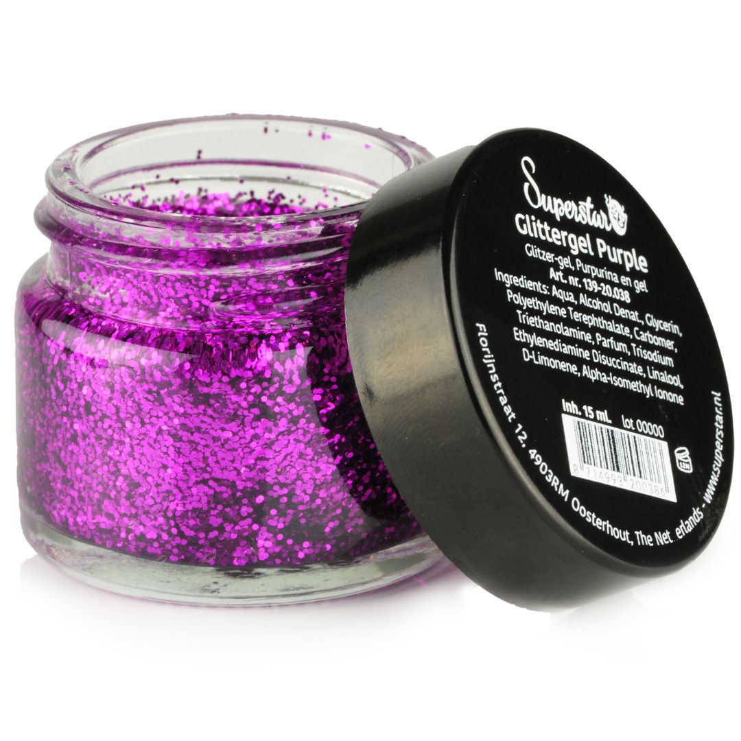 superstar glittergel paars 15ml, feestelijke paarse glans in stevige gelvorm, verkrijgbaar bij SchminkenGrime.nl Superstar Glittergel Paars 15ml met levendige paarse glitter, perfect voor fantasierijke make-up, verkrijgbaar bij SchminkenGrime.nl