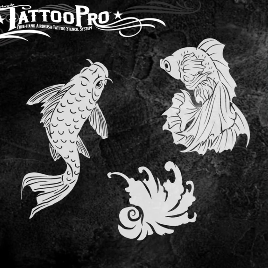 TattooPro stencil Fighting Fish van Wiser’s, airbrush stencil met sierlijke vissen, verkrijgbaar bij SchminkenGrime.nl TattooPro stencil van Wiser’s met gestileerde betta’s of vechtvissen, ontworpen voor airbrush tattoos met vloeiende vormen en visueel effect, verkrijgbaar bij SchminkenGrime.nl