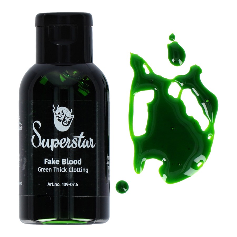 Close-up van Superstar Nepbloed Groen met nepbloedstructuur en druppels naast de fles, perfect voor monsterlijke effecten, verkrijgbaar bij SchminkenGrime.nl