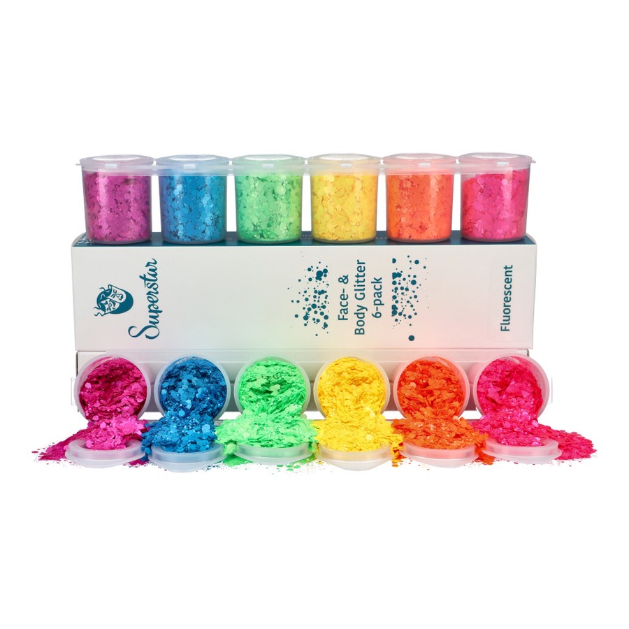 Superstar Chunky Glitterset Fluorescent met neonkleuren voor huid en haar, verkrijgbaar bij SchminkenGrime.nl