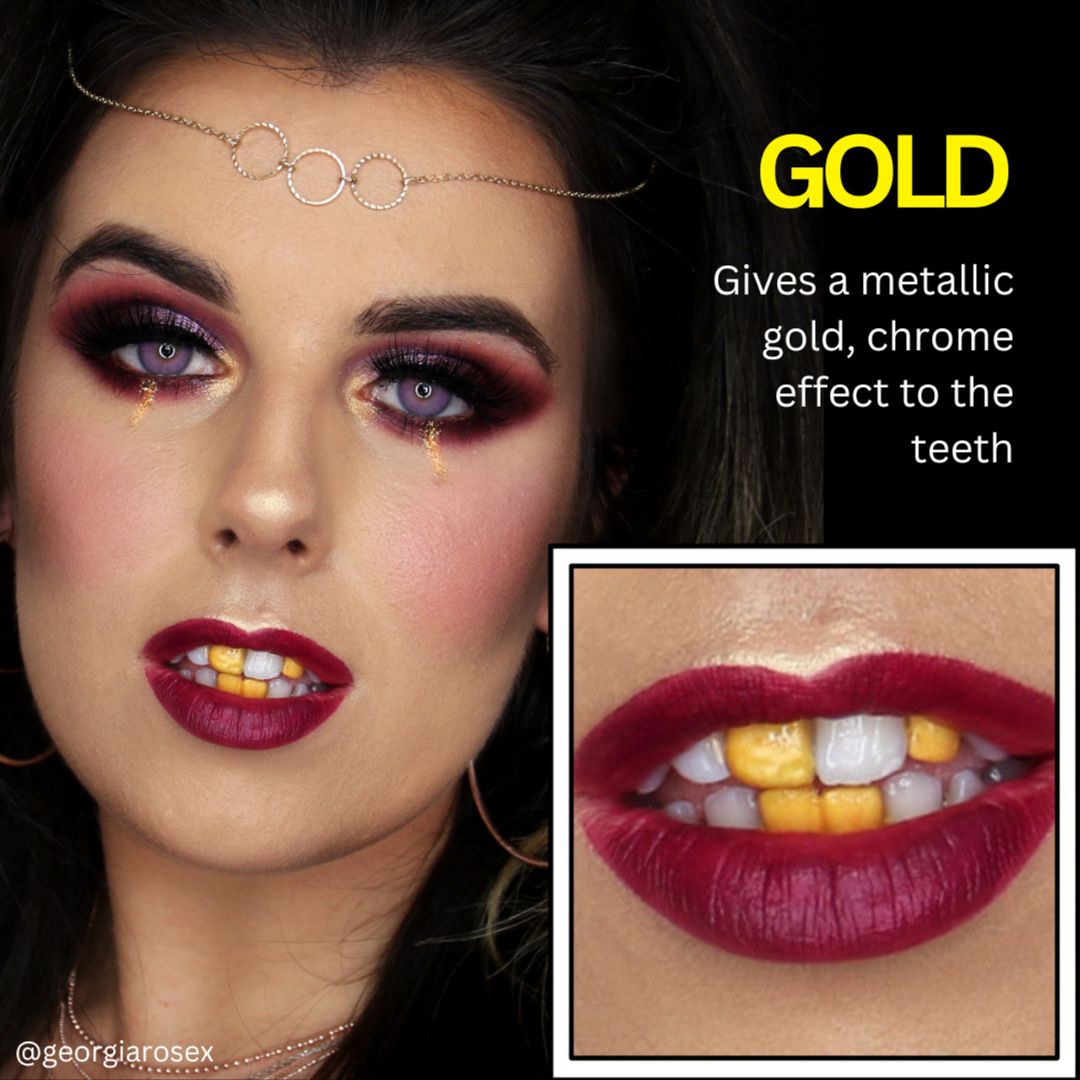 Gouden tanden creëren met Mehron Tooth FX Gold van SchminkenGrime.nl SFX make-up met Mehron Tooth FX Gold – goudkleurige tandenlook via SchminkenGrime.nl