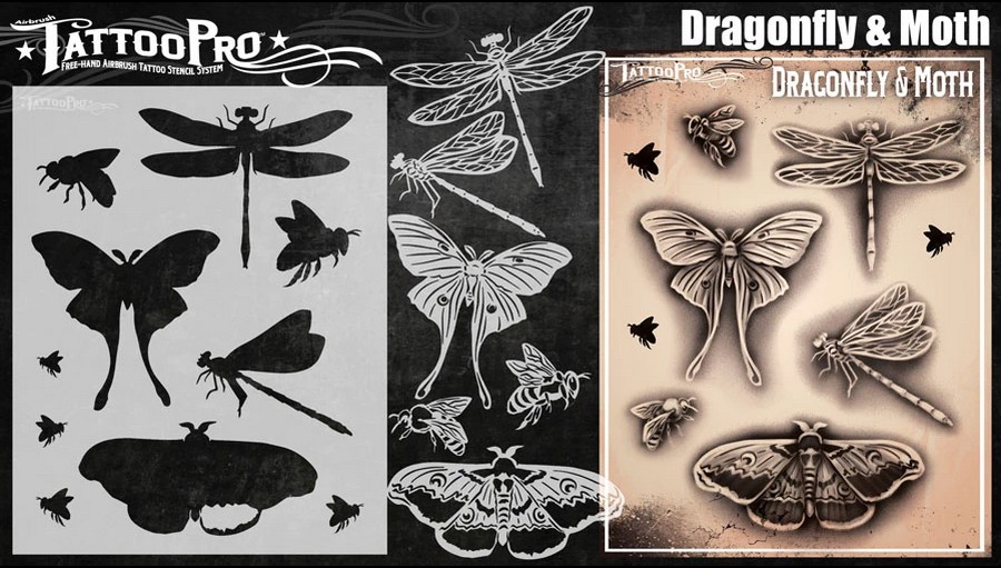 Wiser's Airbrush TattooPro Stencil, libelle & mot design stencil, verkrijgbaar bij SchminkenGrime.nl Wiser's Airbrush TattooPro Stencil stencil met libelle- en motdesign voor airbrush tattoos, verkrijgbaar bij SchminkenGrime.nl