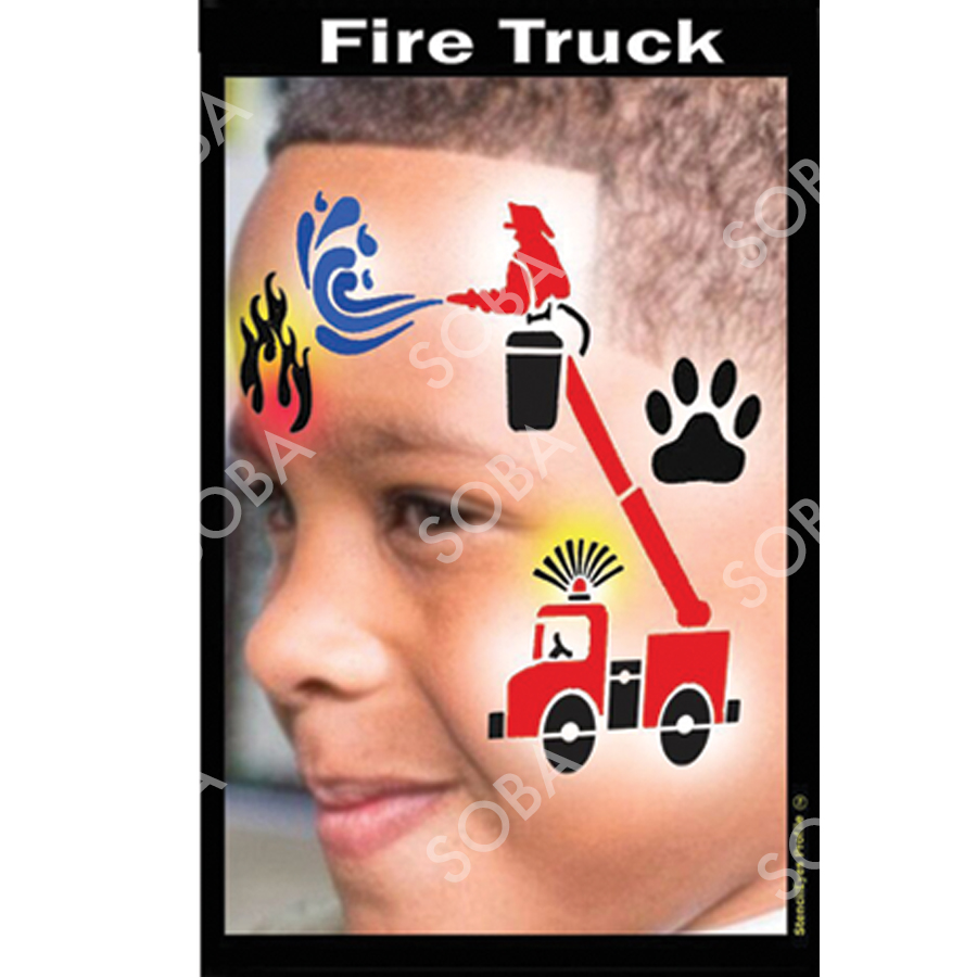 ProAiir Profile Stencil Fire Truck met een stoere brandweerwagen en waterspuitmotief, ideaal voor kinderschmink en brandweerfans, verkrijgbaar bij SchminkenGrime.nl