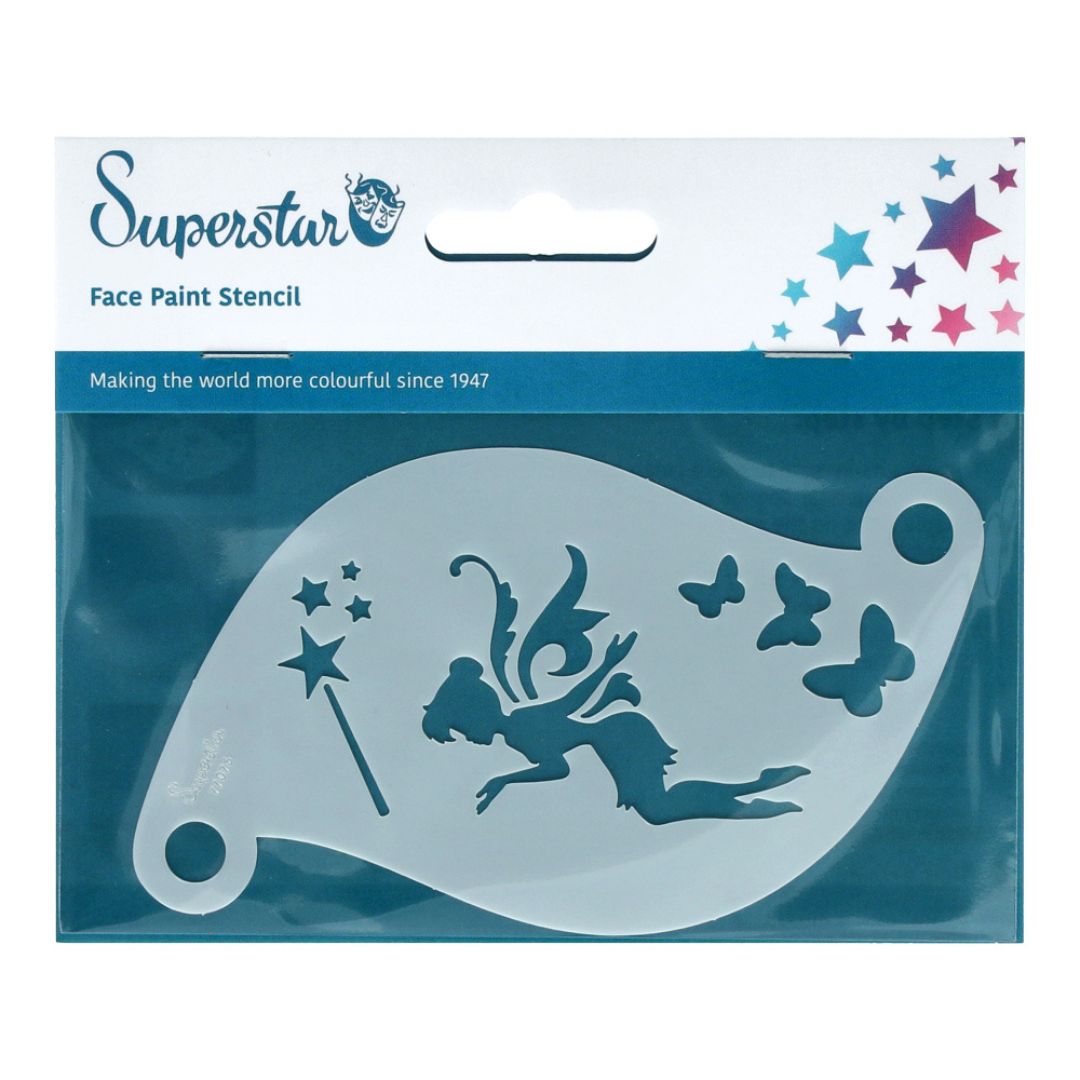 Superstar schminksjabloon Enchanted Fairy – verkrijgbaar bij SchminkenGrime.nl Superstar schminksjabloon Enchanted Fairy met elfje, vlinders en toverstaf, ideaal voor fantasierijke facepaint, verkrijgbaar bij SchminkenGrime.nl