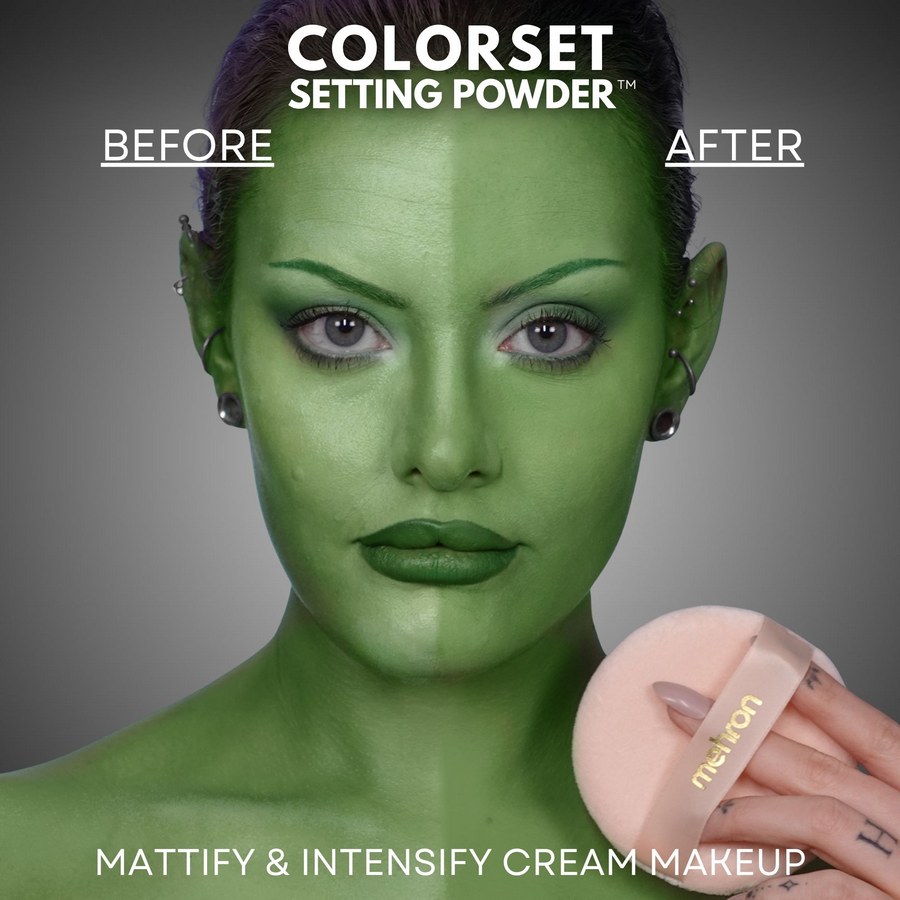 Mehron Colorset Powder Bold Groen, talkvrij en vegan fixeerpoeder dat je look urenlang op zijn plek houdt.