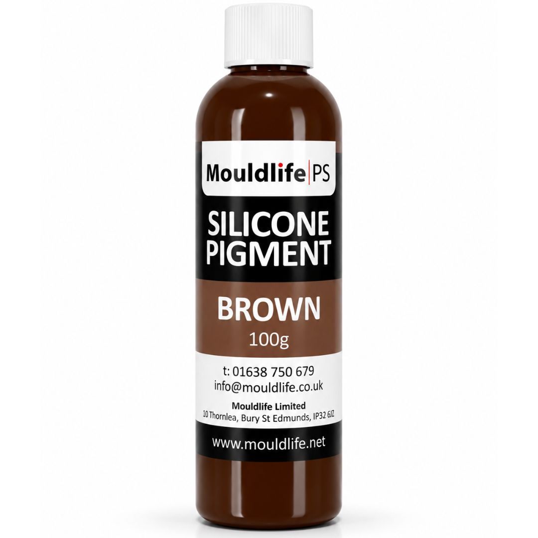 Mouldlife Silicone Pigment Bruin 100 gram, hoog geconcentreerd siliconenpigment waarvan één druppel volstaat om silicone zoals Platsil te kleuren, voor SFX-prothesen verkrijgbaar bij SchminkenGrime.nl