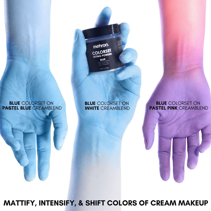 Mehron Colorset Powder Bold Blauw in blauwe tint, ideaal voor ijskoude looks, aliens en blauwe plekken.