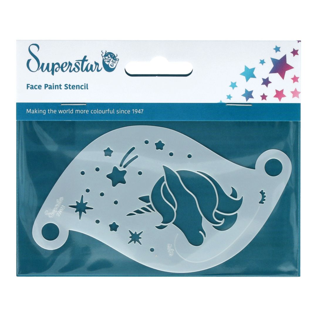 Superstar Face Paint Stencil Starlight Unicorn 77072, eenhoorn met sterren en sprookjesachtig thema, verkrijgbaar bij SchminkenGrime.nl Sjabloon met eenhoorn en vallende sterren, geschikt voor sprookjesachtige of unicorn schmink, verkrijgbaar bij SchminkenGrime.nl