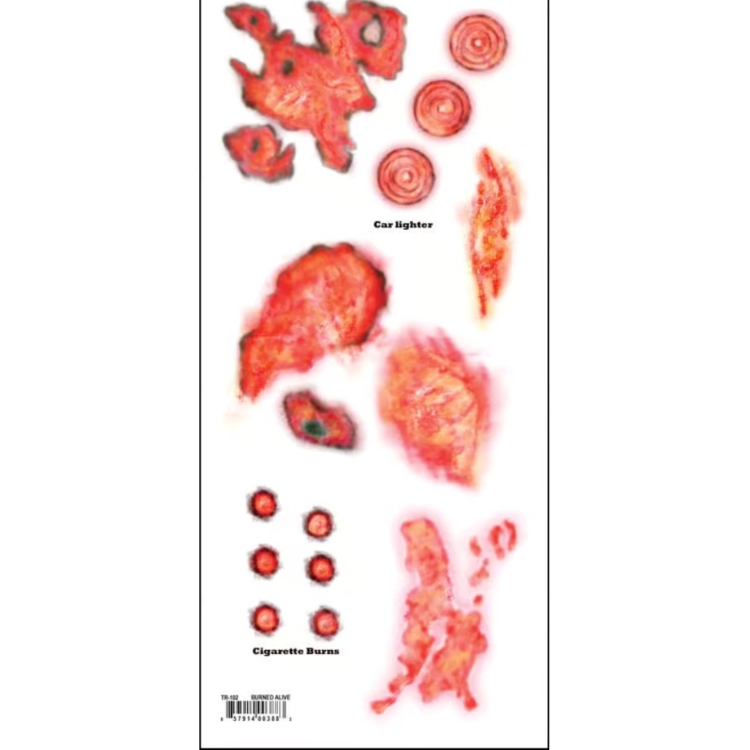 Close-up van het volledige tattoo-vel van de Burned Alive set van Tinsley Transfers, inclusief brandwonden, sigarettenbrandplekken en symbolen. Verkrijgbaar bij SchminkenGrime.nl