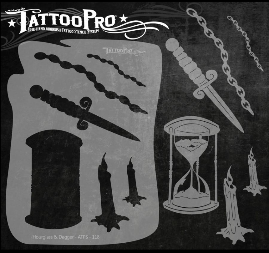 Wiser's Airbrush TattooPro Stencil - Hourglass & Dagger
