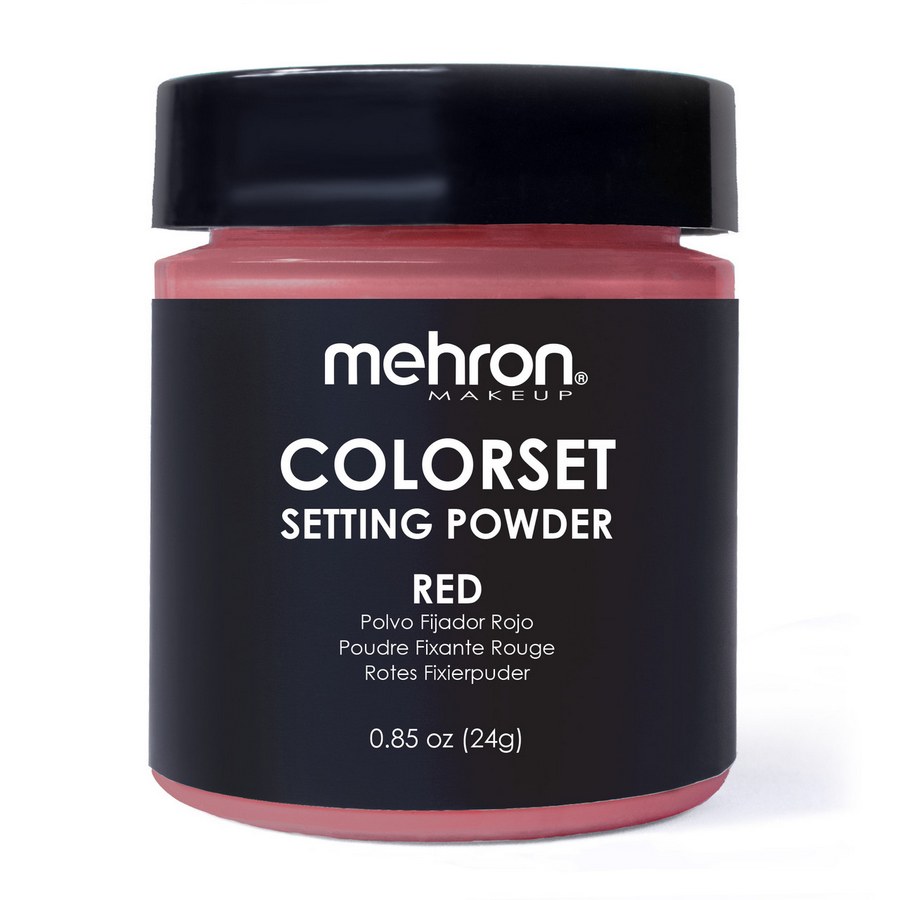 Potje Mehron Colorset Powder Bold Rood van 24 gram, rode setting powder met zwarte schroefdeksel.