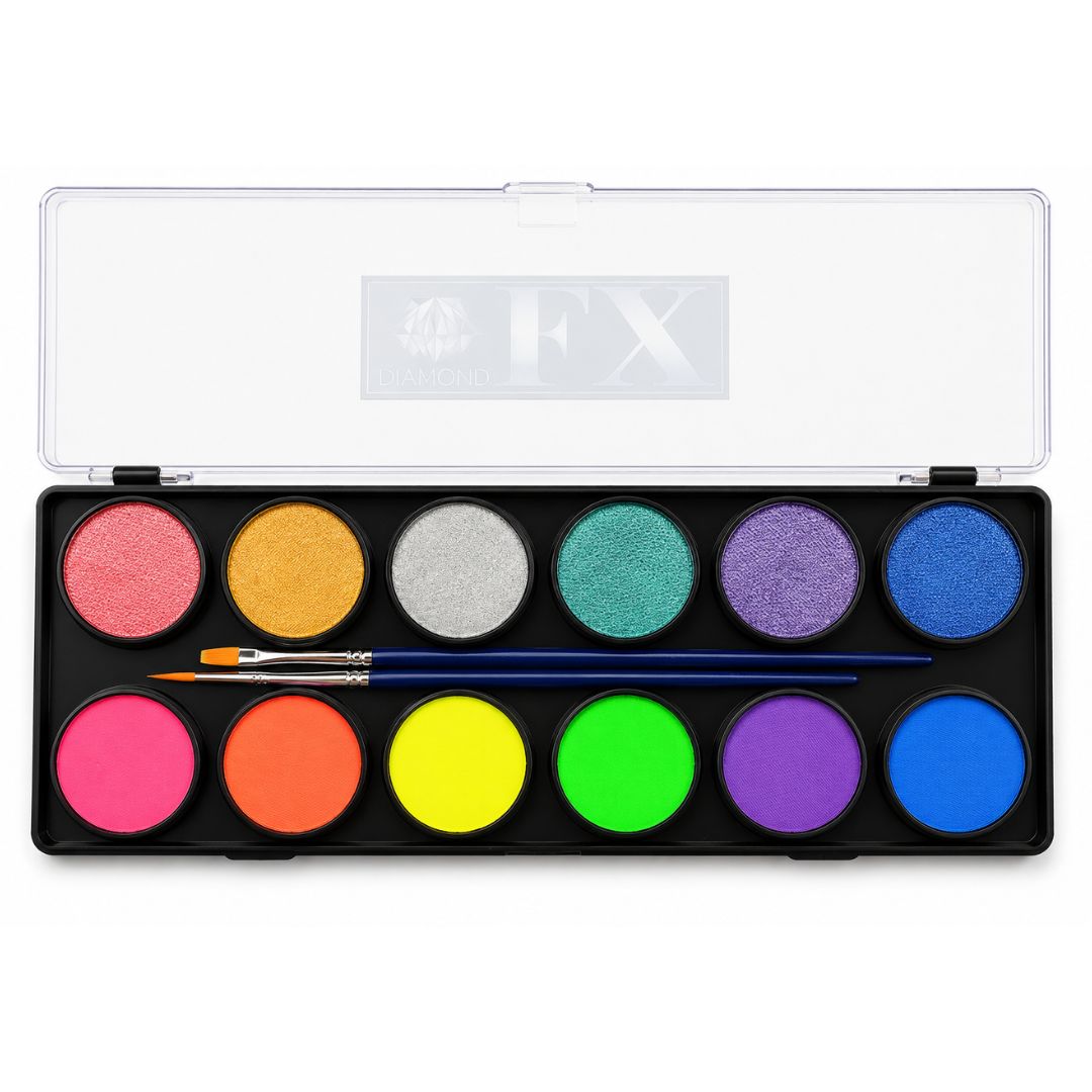 Neon metallic schminkpalette van Diamond FX met felle kleuren voor creatieve en opvallende ontwerpen, verkrijgbaar bij SchminkenGrime.nl