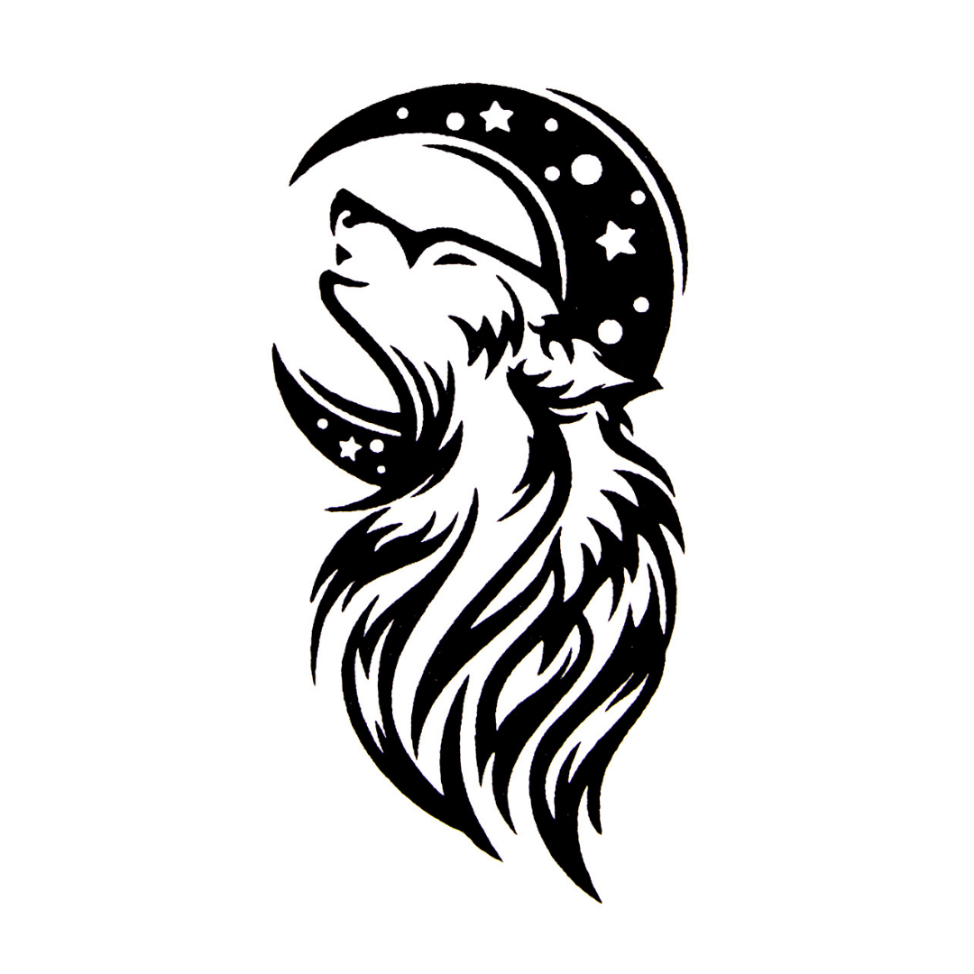 Quick Tattoo Sjabloon - Huilende Wolf en Maan