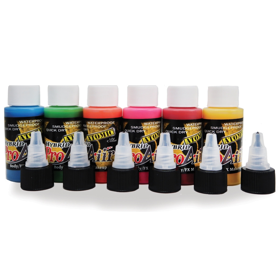 ProAiir Hybrid Dutch Atomic Set, knalkleuren voor face- en bodypaint, verkrijgbaar bij SchminkenGrime.nl Dutch Atomic Colors Set van ProAiir Hybrid met zes krachtige kleuren, geschikt voor airbrush en blacklight-effecten, verkrijgbaar bij SchminkenGrime.nl