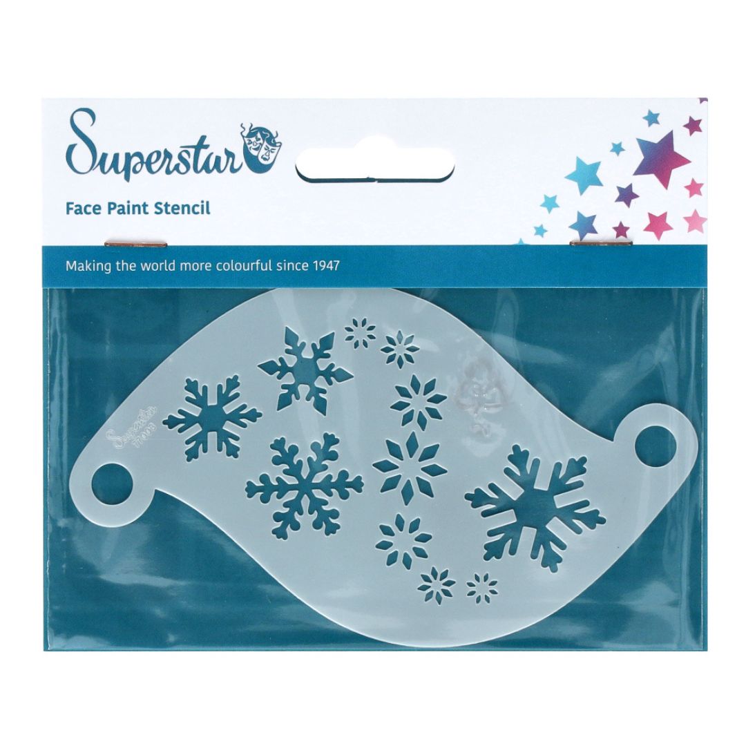 Superstar Face Paint Stencil Snowflakes 77003, ijskristallen voor winter- of Frozen-looks, verkrijgbaar bij SchminkenGrime.nl Sjabloon met meerdere sneeuwvlokken in verschillende formaten, ideaal voor winterse en Frozen-achtige schmink, verkrijgbaar bij SchminkenGrime.nl