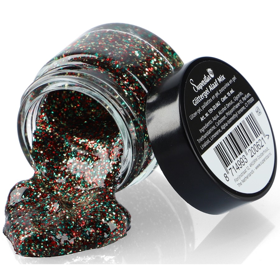 Superstar Glittergel Alaaf 15ml met heldere carnavalskleuren in stevige glittergel, verkrijgbaar bij SchminkenGrime.nl