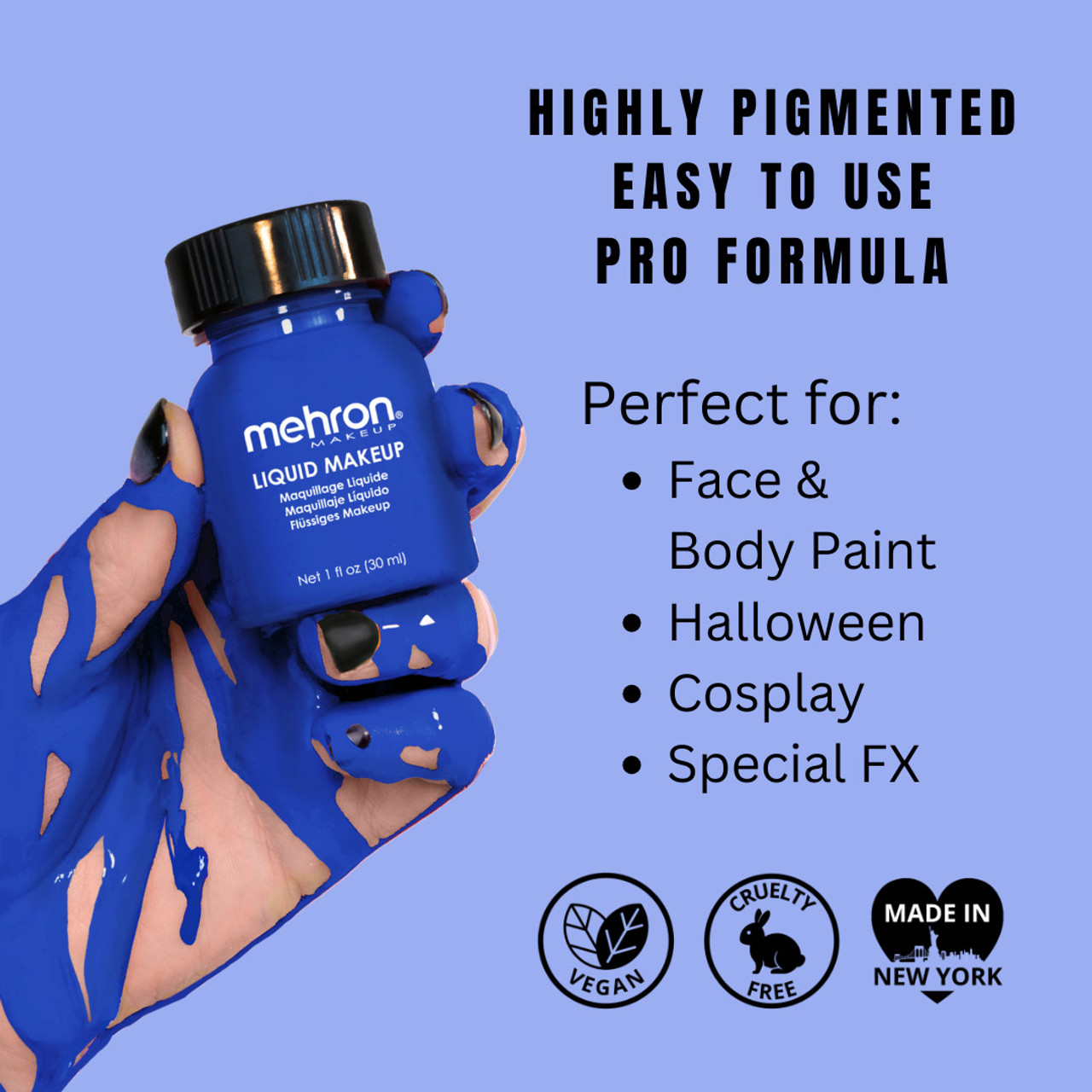 Mehron Liquid Makeup Blue 135ml, info en toepassingen, verkrijgbaar bij SchminkenGrime.nl Informatieve afbeelding van Mehron Liquid Makeup Blue (135ml), blauwe vloeibare schmink voor facepaint, cosplay, SFX en festivals, vegan en cruelty-free, verkrijgbaar bij SchminkenGrime.nl